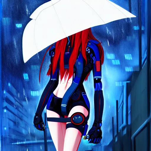 Image similar to seductive female cyborg, in the rain, highly detailed, painting, dark red, azure blue and black color palette, intricate, high quality anime artstyle, in the style of sana takeda