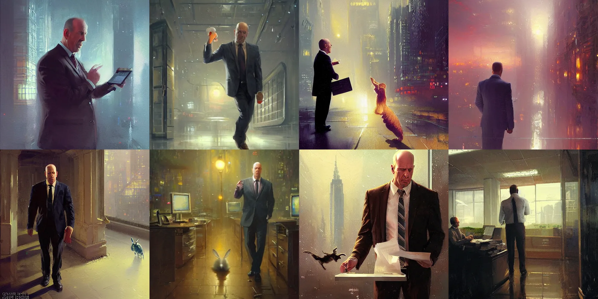 Prompt: Office worker looking like a mix of Bruce willis and John Travolta sees a white rabbit, painting by Greg Rutkowski, Thomas Kinkade and Paul Lehr