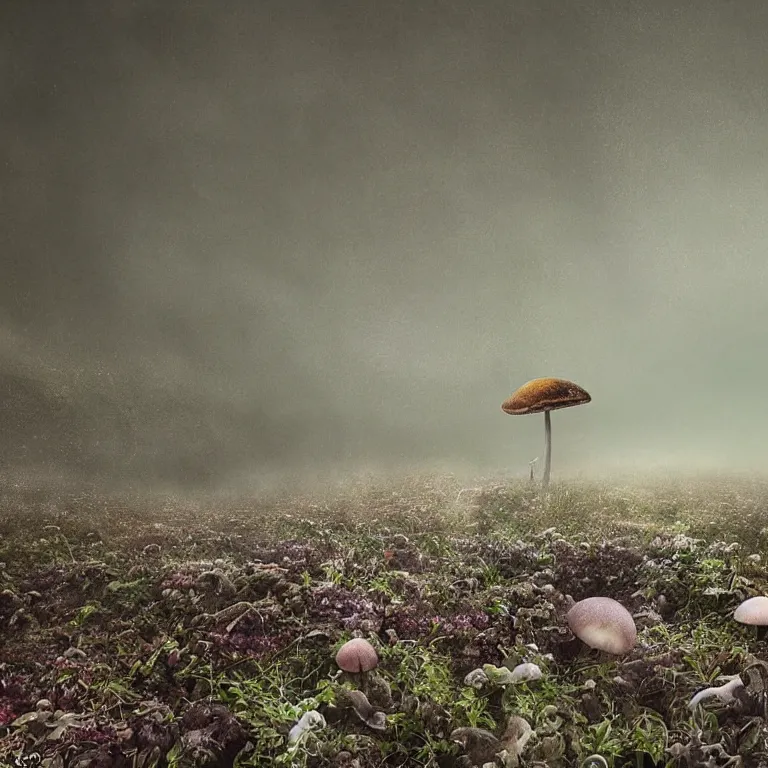 Image similar to a planet of various fungus, mushrooms and plants, inside the picture is infinity, Atmospheric phenomenon, artistic photography, muted colors, conceptual, long exposure outside the city, volumetric light