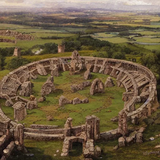 Image similar to a sprawling pictish settlement built around roman ruins in the english countryside, dark ages, 8 th century, by james gurney