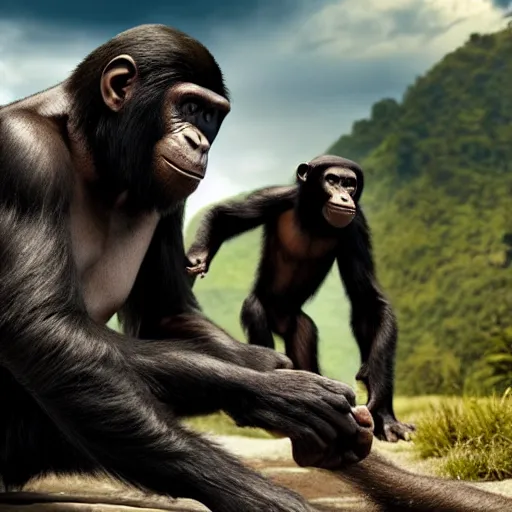 Prompt: a group of apes are filming a movie called planet of the humans, 4 k, detailed