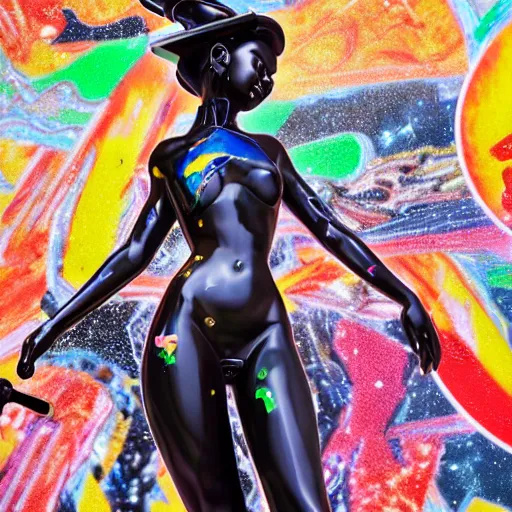 Image similar to : extremely beautiful photo of a black marble statue of an anime girl with colorful skateboard logos all over and helmet with closed visor, colorful hyperbolic background, fine art, sailor moon, neon genesis evangelion, virgil abloh, offwhite, denoise, highly detailed, 8 k, hyperreal