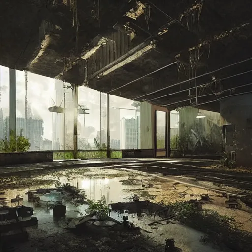 Prompt: “derelict architecture buildings, building designed by Richard Rogers, architecture digest, building surrounded in a nature environment, modern tones, fluorescent lighting,volumetric Lighting, cyber punk, photorealism, high detail, golden ratio, cinematic, octane renderer”