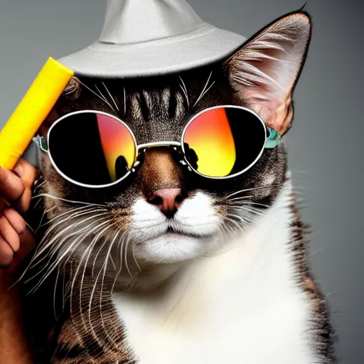 Prompt: cat with sunglasses and a hat while holding a gun and smoking weed