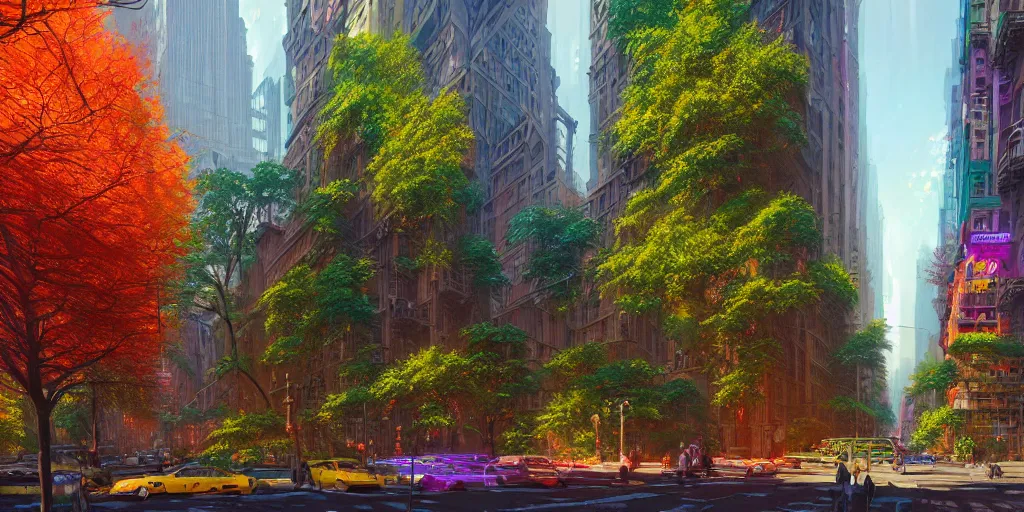 Image similar to a hyper - detailed 3 d render of a solarpunk bright vivid new york city with colorful trees and plants, concept art, lifelike, photorealistic, digital painting, aesthetic, artstation hd, by greg rutkowski, klimt and nixeu and ian sprigger and wlop and krenz cushart,