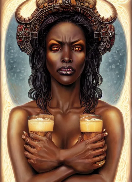 Prompt: stunning goddess of beers portrait, clear eyes and dark skin. realistic, symmetrical face. art by bowater charlie, mark brooks, julie bell, arian mark, tony sandoval