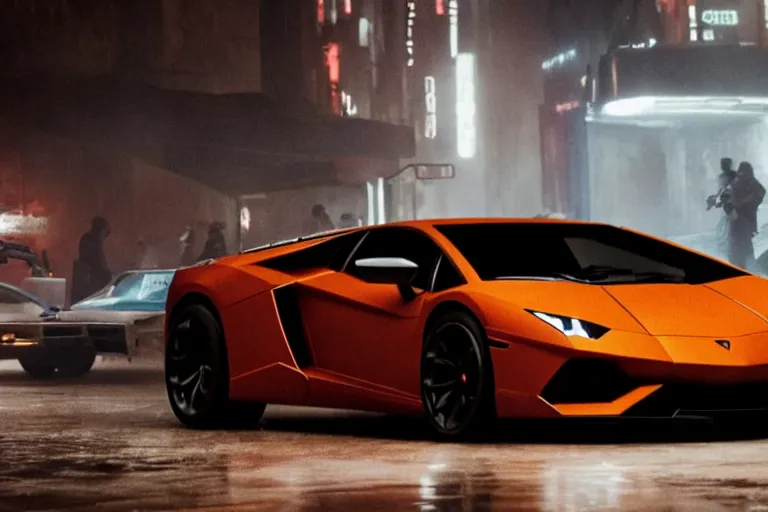 Image similar to A cinematic film still of a Lamborghini in the movie Blade Runner: 2049.