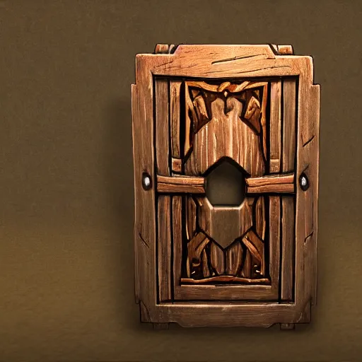 Image similar to a medieval wooden door key, rpg inventory item, Warcraft style, outer glow, solid background, trending on artstation