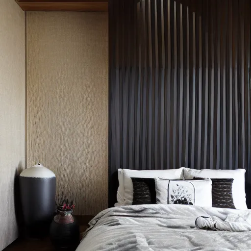 Image similar to bedroom, stone, interior design, stylish luxury hotel bedroom design, yakisugi, black vertical slatted timber, textures, feminine, black walls, art, Japanese pottery vase with flowers, kakejiku, seasonal, Japanese influences