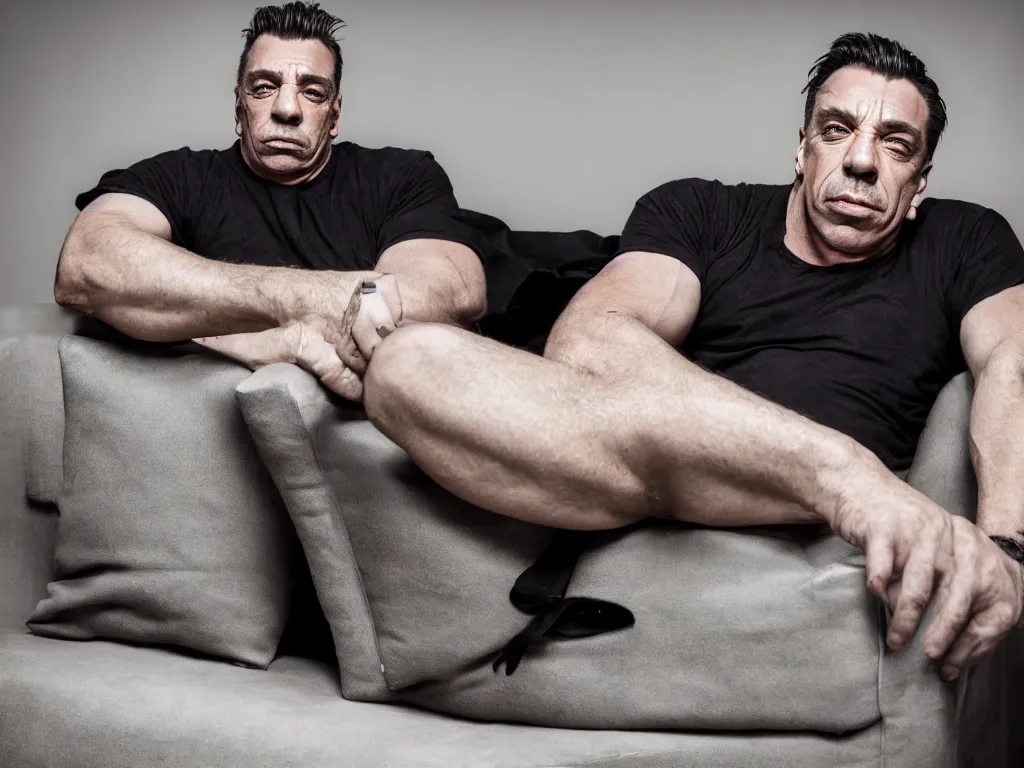 Image similar to close - up photo of a till lindemann on the couch by steve mccurry, photorealistic, wide lens, 4 k, trending on artstation