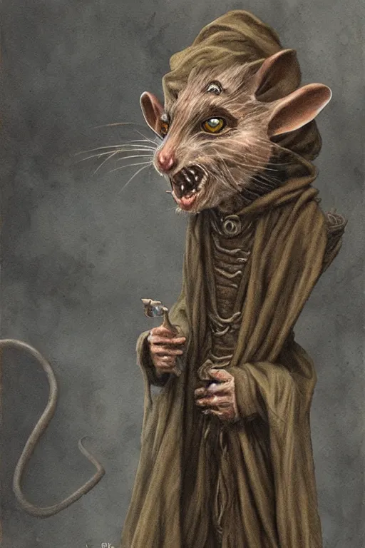 Image similar to a sniveling rat person wearing a decaying brown cloak, painting by ed binkley