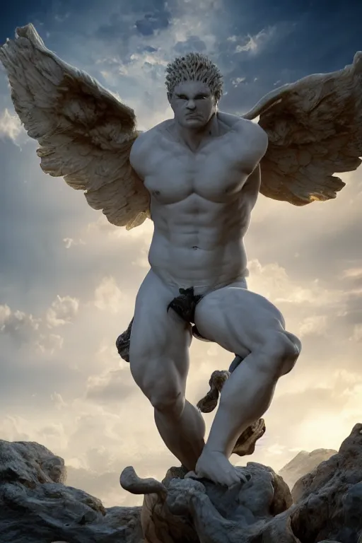 Image similar to photo of fullbody rococo delicate sculpture of a hulking herculean muscular onyx albino marble brock lesnar as an humanoid deity, clothed in silk, wings, sunrays, cinematic lighting, photorealistic, octane render, 8 k, depth of field, 3 d