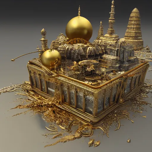 Image similar to hyper detailed hardsurface modelled 3 d geometry, houdini destruction of aminimalist design temple, tarnished gold sphere is far far in the distance, deep perspective, wide angle, insanely detailed and intricate,, eal, gold, silver red, paradise hospital environment,