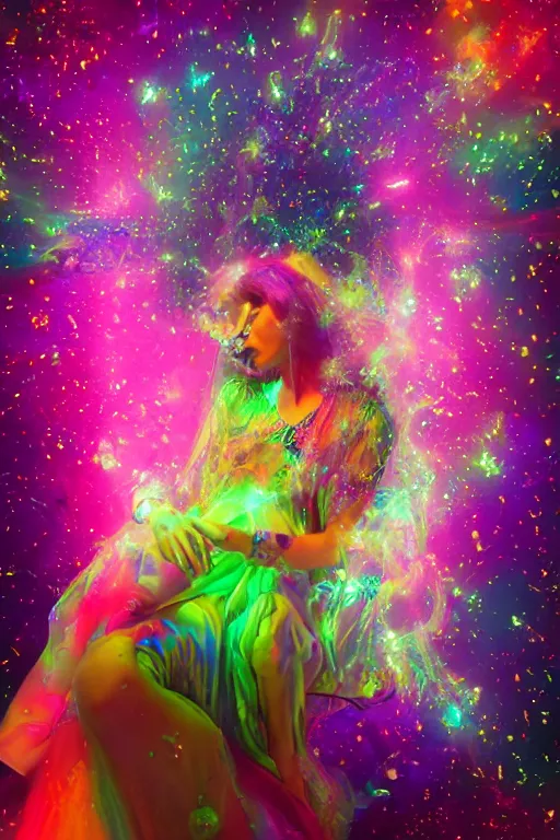 Prompt: psychedelic, whimsical, 4k, beautiful intimate woman blowing smoke, with professional makeup, long trippy hair, a crystal and flower dress, sitting in a reflective pool, surrounded by gems, underneath the stars, rainbow fireflies, trending on patreon, deviantart, twitter, artstation, volumetric lighting, heavy contrast, art style of Ross Tran and Viktoria Gavrilenko and Ilya Kuvshinov