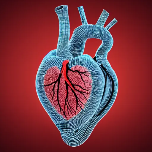Image similar to A highly detailed and realistic 3D render of a human heart, with veins and arteries visible, medical illustration, 4k