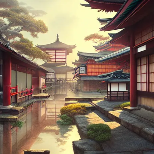 Image similar to old japanese town with garden viewed from harbor, d & d digital painting, ultra realistic, beautiful, volumetric lighting, warm colors advance, cell shading, by james jean, greg rutkowski,