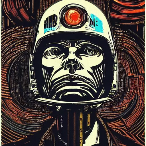 Prompt: Illustrated by Shepard Fairey and H.R. Giger | ((Cyberpunk Van Gogh with VR helmet, surrounded by cables))