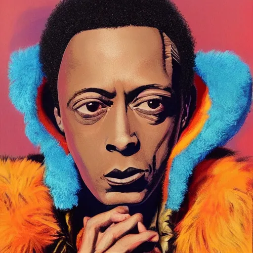 Image similar to beautiful fantasy character portrait, miles davis, bitches brew, wearing orange puffy bomber jacket with teal fur, by malti klarwein