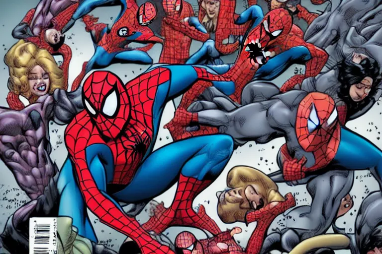 Prompt: spiderman multiverse variants battling for MJ