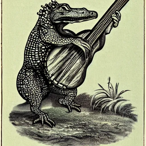 Image similar to a vintage illustration of an alligator playing a banjo