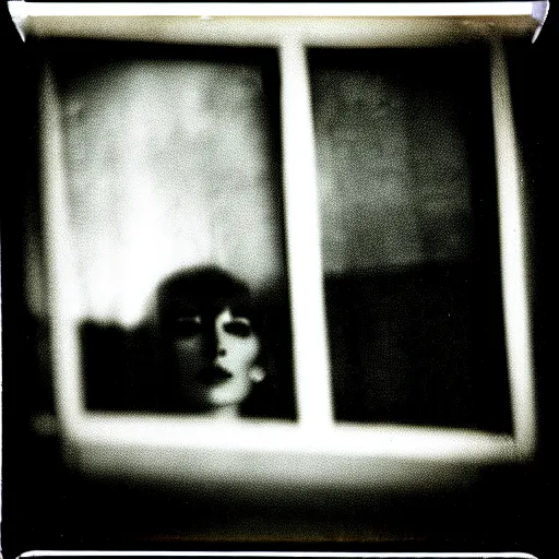 Image similar to a detailed photograph of a house with curtains in the windows, a replicant is peeking through the curtains, polaroid