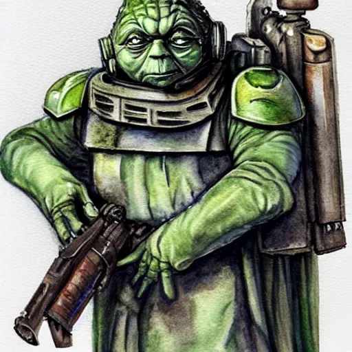 Prompt: a watercolor artist rendition of yoda as a warhammer 4 0 k space marine