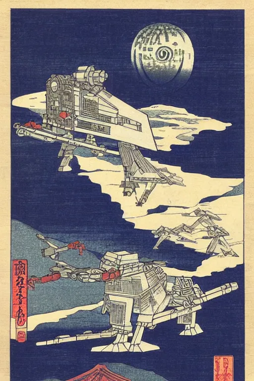 Prompt: Japanese woodblock print of a Star Wars AT-AT, Hokusai