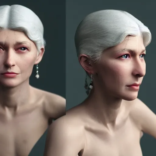 Prompt: 3 d render by annie leibovitz hyper detailed, realistic female face and shoulders, white skin made from painted porcelain, white hair, fine facial features, white eyes and eyelashes, 8 k, 1 5 0 ml lens, elegant, white background pastel blue lighting, octane render, volumetric lighting