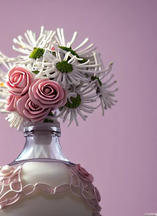 Prompt: perfume bottle standing in a miniature biomechanical white enchanted coral kingdom daisies, roses in an ivory room well contoured smooth fair walls, up close shot, sharp focus, global illumination, radiant light, alexandre ferra white mecha, irakli nadar, octane highly render, 4 k, ultra hd,