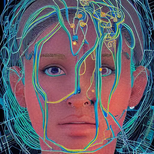 Image similar to a beautiful head of a pilot woman partially made of wires and circuits, an ultrafine detailed illustration by james jean, final fantasy, intricate linework, bright colors, behance contest winner, vanitas, angular, altermodern, unreal engine 5 highly rendered, global illumination, radiant light, detailed and intricate environment