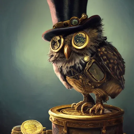 Prompt: oil painting of grumpy rich steampunk owl, sitting in fancy chair, wearing top hat, holding gold coin, steampunk factory background, machines in background, sharp focus, fantasy style, octane render, volumetric lighting, 8k high definition, by greg rutkowski, highly detailed, trending on art Station, magic the gathering artwork, centered,