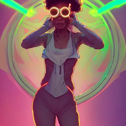 Prompt: a full body character design by artgerm, cushart krenz, greg rutkowski and alphonse mucha. cute african mad scientist neon woman lab coat!! green plasma!!, goggles visor!! bold outline sharp edges. ultra clear detailed. 8 k. ultra detailed, elegant, intricate, octane render. felt!!! texture