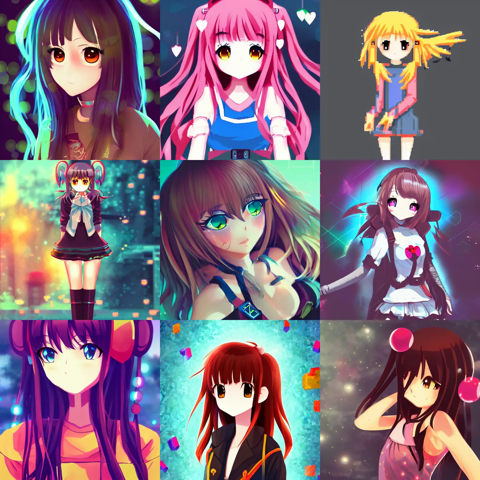 Prompt: anime girl, fantastic lighting, arcade, videogame, pixel art, high detail, 1 6 bits, 2 d