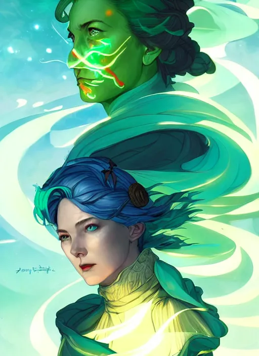 Image similar to style artgerm, joshua middleton, hilary clinton as a warrior monk wearing green pelt light amor, blue hair, swirling water cosmos, fantasy, dnd, cinematic lighting