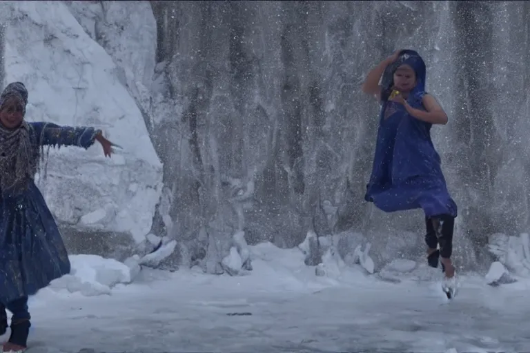 Image similar to VFX movie of a Indian woman dancing with magic flowing antigravity water in an Eskimo village by Emmanuel Lubezki