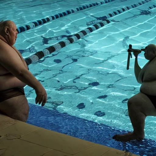 Prompt: photo, ugly old fat man and his strong handsome 5 3 8 2 8 friend hunting monsters inside a swimming pool, highly detailed, scary, volumetric lighting