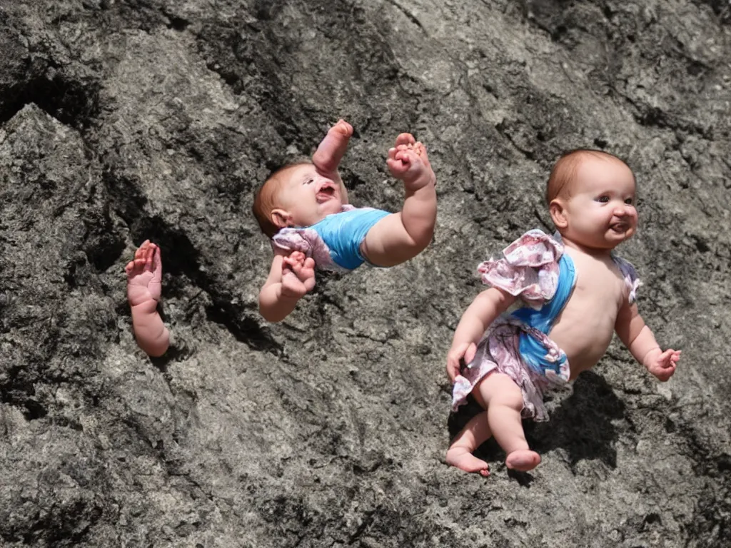 Image similar to a baby diving off a cliff, applauding onlookers