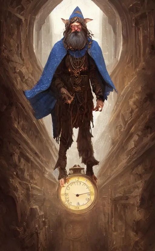 Image similar to portrait of a middle aged elf with a long beard, dressed in a blue cloak with clock iconography, brown hair, raised hand, detailed face, fantasy, highly detailed, cinematic lighting, digital art painting by greg rutkowski