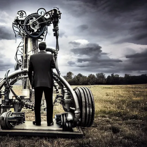 Image similar to a man with engines growing out of his back, man engine, man and machine