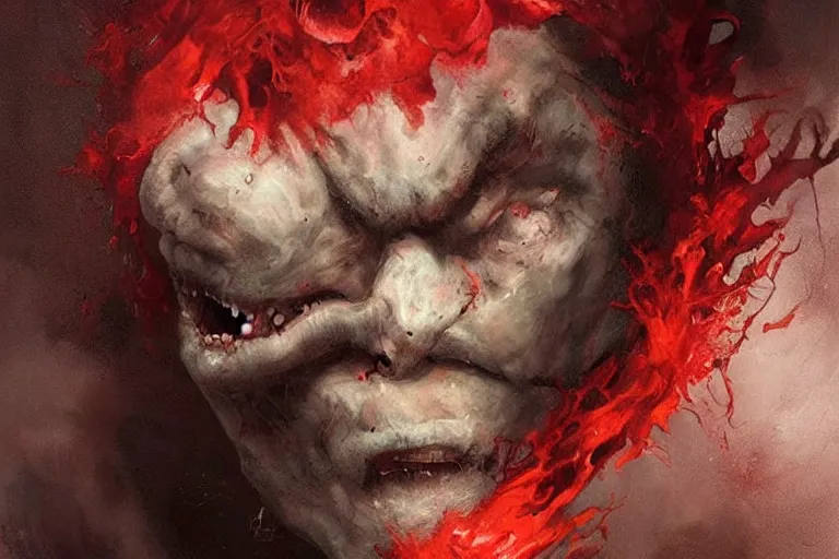 Prompt: painting by greg rutkowski of a flying crying!! human head and face that is chalk white in color, with tentacles coming of the neck, fiery!! red eyes, flying in a terrying hell like cavernous place