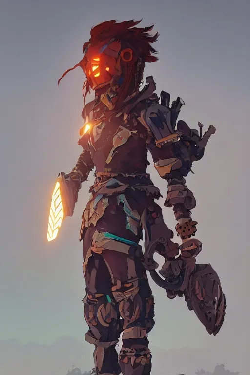 Image similar to combination suit armor aloy horizon forbidden west horizon zero dawn robot ninja mask helmet backpack tribal, aesthetic octane render, 8 k hd resolution, by ilya kuvshinov and cushart krentz and gilleard james radiating a glowing aura cgi rtx 2 0 2 2