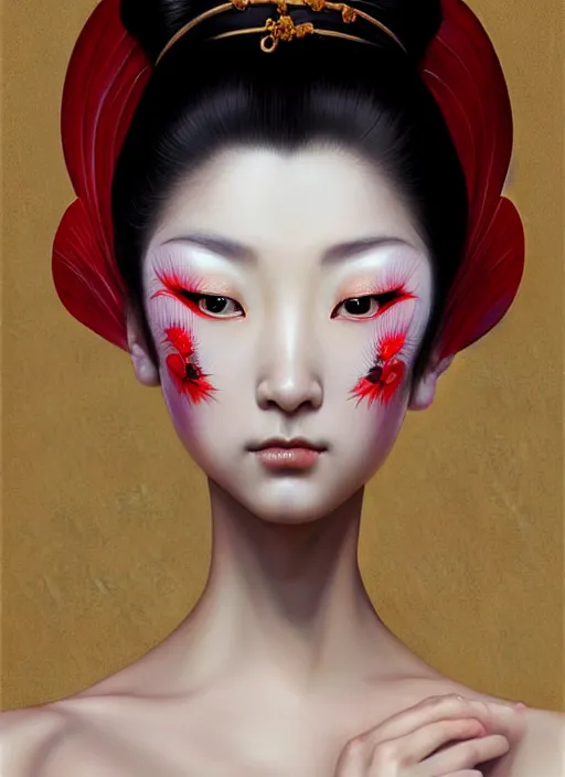 Prompt: organic Geisha portrait, pearlescent skin, diffuse lighting, fantasy, intricate, elegant pose, highly detailed, lifelike, photorealistic, digital painting, artstation, illustration, concept art, different point of view, smooth, sharp focus, art by John Collier and Albert Aublet and Leonardo da vinci and Moebius and Krenz Cushart