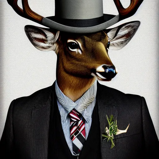 Image similar to a upper body portrait of a deer in a pinstriped suit and pants wearing a fedora with the antlers sticking out of the fedora by artgerm and wlop, intricate detail, digital art, photorealistic, trending on artstation