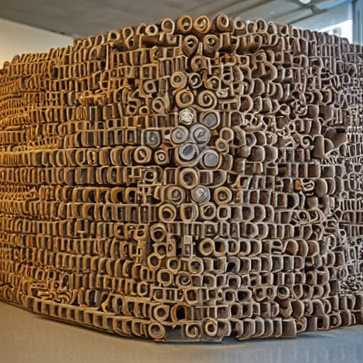 Prompt: sculpture made out of cardboard pipes, photorealistic, 4 k, canon 1 d, classroom in background