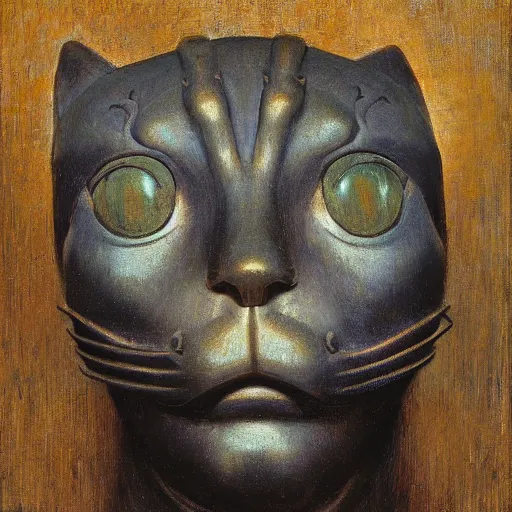 Image similar to masterpiece painting of an ancient bronze sculpture of a mechanical cat head, by annie swynnerton and diego rivera and nicholas roerich and jean delville and charlie bowater, symbolist, dramatic lighting, god rays, elaborate geometric ornament, art brut, rich colors, smooth sharp focus, extremely detailed, adolf wolfli