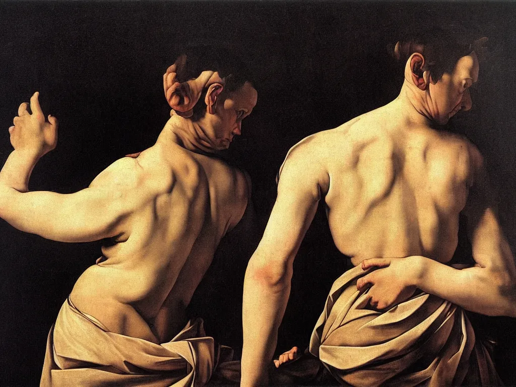 Image similar to A man. Simple, not deformed at all, with only two arms and two legs and symmetrical face. Painting by Caravaggio