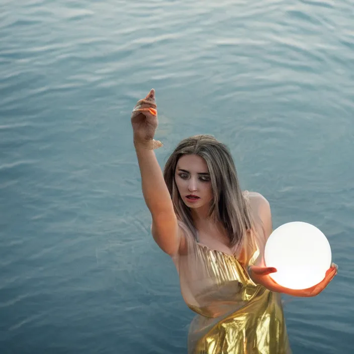 Image similar to a closeup portrait of a woman wrapped in plastic, standing next to a levitating gold luminescent orb, in a lake, color photograph, by vincent desiderio, canon eos c 3 0 0, ƒ 1. 8, 3 5 mm, 8 k, medium - format print