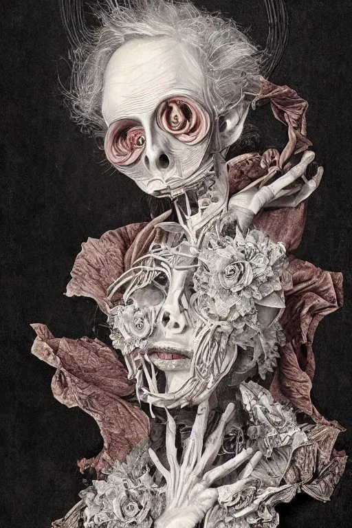 Image similar to Detailed maximalist portrait of a beautiful old woman with large lips and eyes, scared expression, botanical skeletal with extra flesh, HD mixed media, 3D collage, highly detailed and intricate, surreal illustration in the style of Caravaggio, dark art, baroque, centred in image