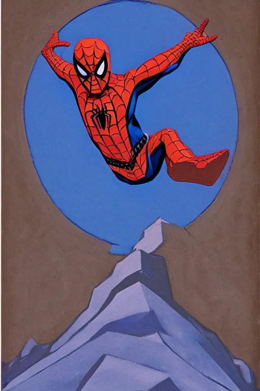 Image similar to spiderman stay on mountain, marvel, artwork by nicholas roerich,