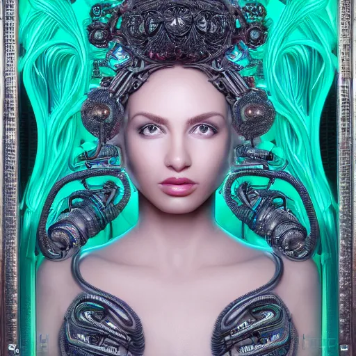 Image similar to one very beautiful woman integrating with technology, full face frontal centered, portrait, insipiring, detailed intricate ornate cables connected to head, big open electric eyes, luxurious detailed abundent wiring and implants, diamonds, sci-fi, neon, emeralds, detailed technology full background, highly detailed, artstation, Rene Lalique and Eddie Mendoza and Gil Elvgren